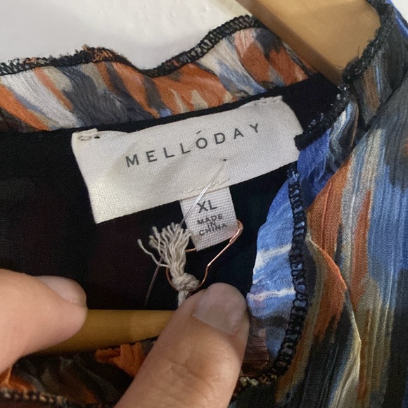 NWT MELLODAY Womens Ruffle Gauze Midi Dress In Blue Orange Abstract - Picture 5 of 6